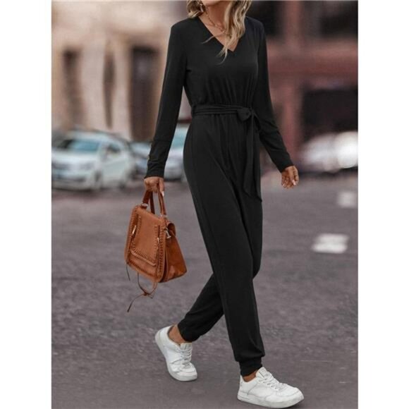 V-Neck Long Sleeve Tie Waist Jumpsuit - Picture 4 of 7